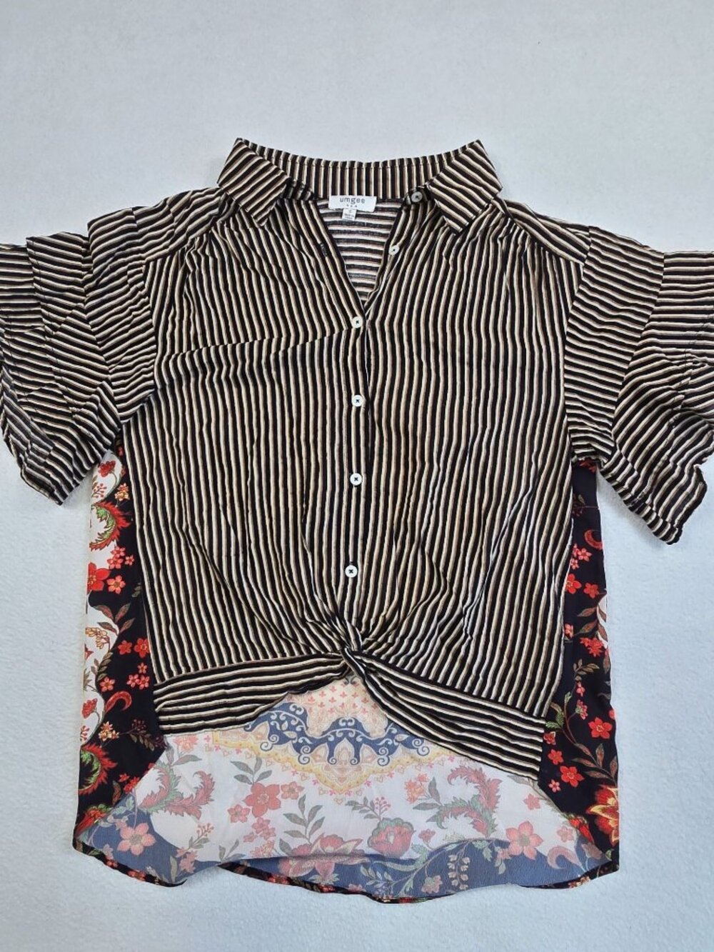 Umgee Womens Small Striped & Floral Button-Down Shirt Boho